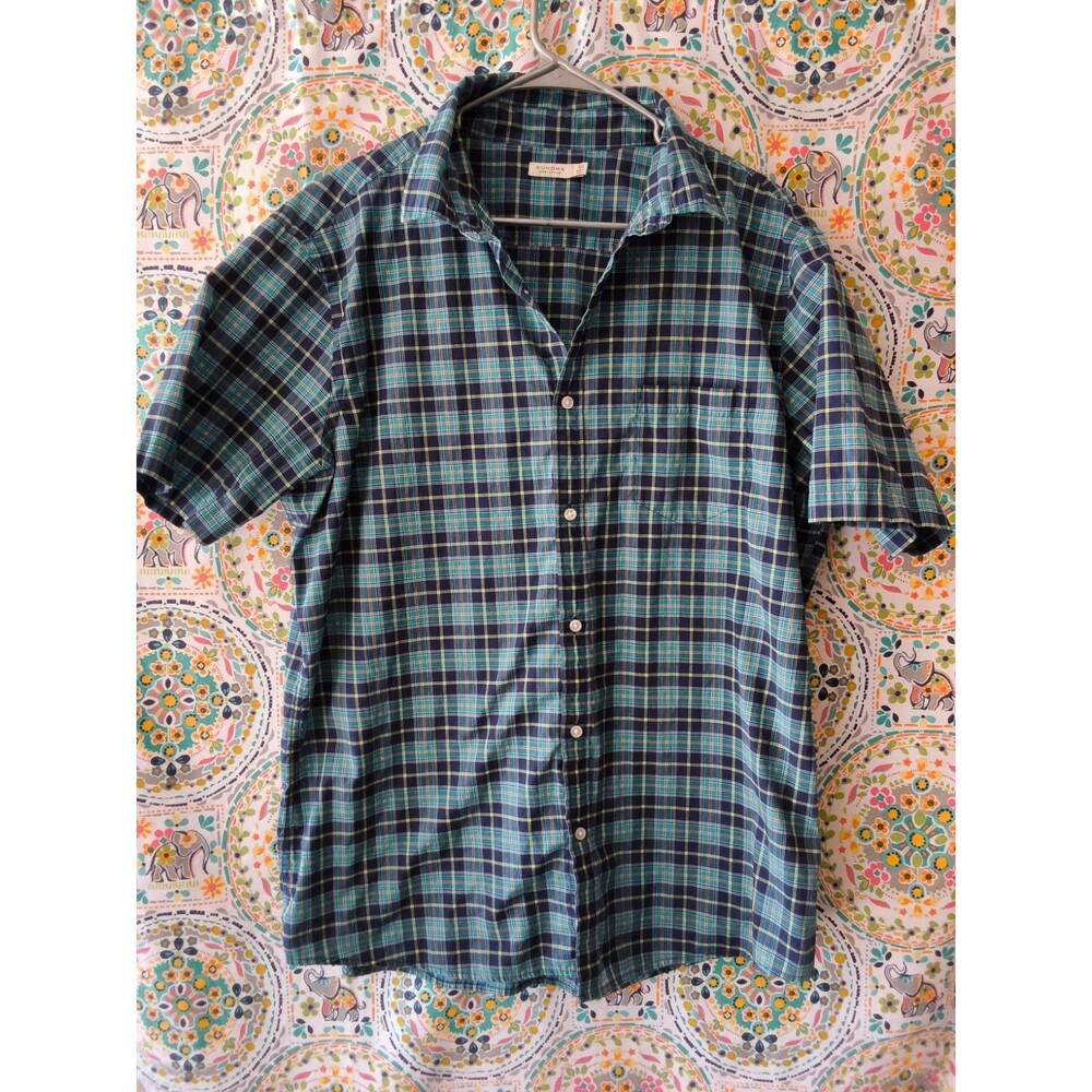 Sonoma Life + Style Plaid Shirt Men's XL Green Blue Short Sleeve Button Down
